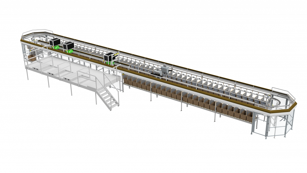 3D rendering of a split tray sorter, called the Standard Fashion Sorter, with direct to carton destinations and 3 induction positions.